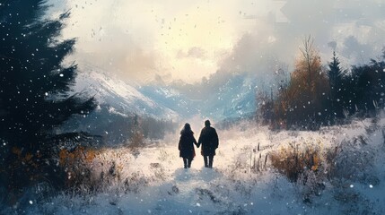 Couple Walking Hand in Hand Through Snowy Mountain Landscape
