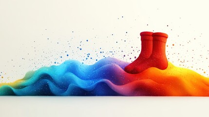 Vibrant Red Rubber Boots on Colorful Abstract Waves in a Creative Artistic Representation of Rainy Day Vibes and Fun Fashion for Children or Outdoor Activities