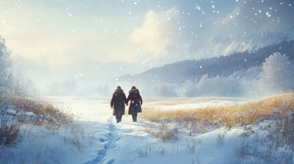 Couple Walking Hand in Hand Through a Snowy Winter Landscape