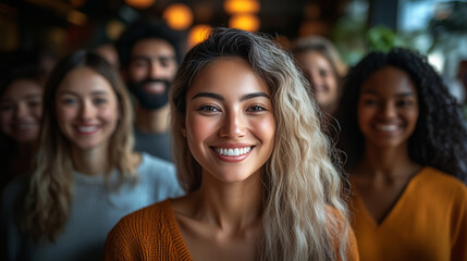 Fototapeta premium Diverse group of friends smiling together in a cozy cafe setting during the evening
