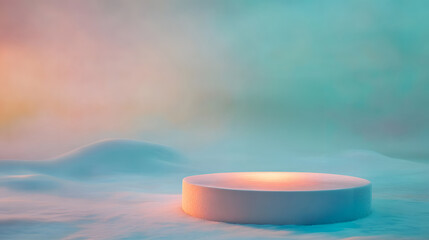 Mysterious podium emerges amidst enigmatic winter landscape artistic imagery serene environment surreal viewpoint