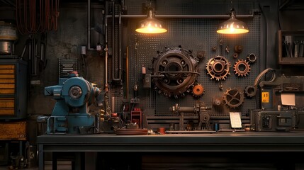 Industrial workshop showing complex gears and machinery in a detailed frame