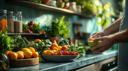 Fresh produce preparation in a vibrant kitchen filled with vegetables and herbs