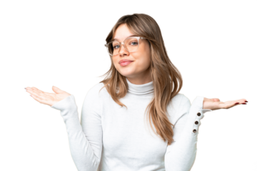Young girl over isolated chroma key background With glasses and having doubts