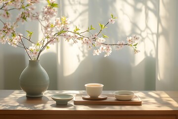 A serene spring still life with cherry blossoms and teacups.