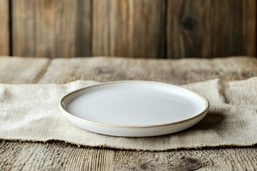 Empty white plate on a linen cloth on a rustic wooden table
