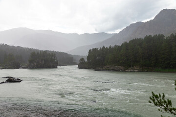 Katun river in Chemal village. Chemal village, Altai republic, Russia