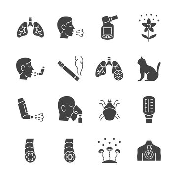 Asthma glyth icon set. Vector collection with lung, cough, pollen, inhaler, flow peak meter, dust mite, fungal mold.  Symptoms and causes of asthma.