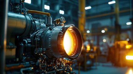 Fototapeta premium An industrial engine setup in a factory illuminated by soft lighting
