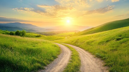 Naklejka premium Sunset Country Road: A Serene Landscape