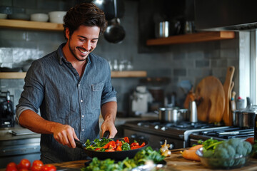 Young man happily cooks a vegan meal in his kitchen, surrounded by fresh vegetables, radiating joy as he focuses on his creation