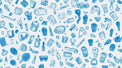 Blue Doodle Background with Various Kitchen and Household Items