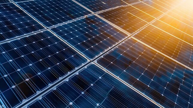 Rows of shiny black solar panels capturing energy under direct sunlight
