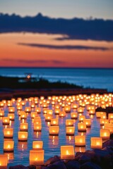 Fototapeta premium Candle lighting ceremony at sunset by the ocean decorative display tranquil atmosphere serene viewpoint