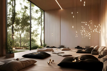 A serene indoor space with cushions and soft lighting, promoting relaxation and mindfulness.