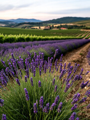 Obraz premium Lavender fields in bloom at sunset in countryside