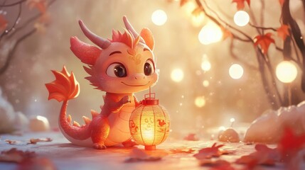 Fototapeta premium Cute Cartoon Dragon Holding Lantern in Autumn Forest Setting