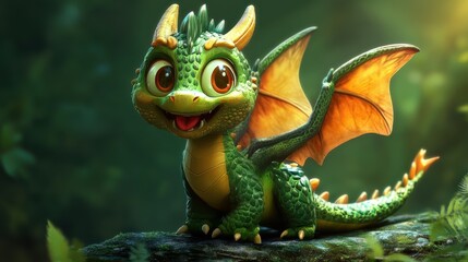 Fototapeta premium Charming Green Dragon Character with Vibrant Orange Wings