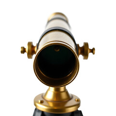 Front view of a vintage brass telescope with a leather grip isolated on a white transparent background.