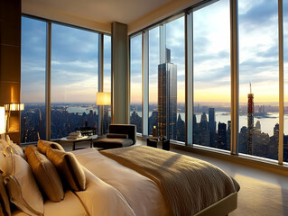 Luxurious hotel room with panoramic city skyline view at sunset.