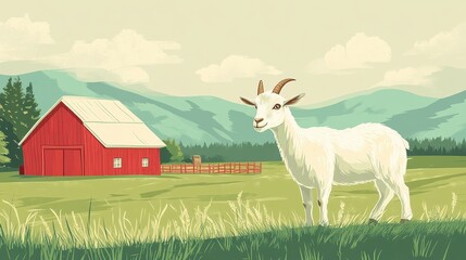 White Goat Standing in a Green Grass Field near a Red Barn