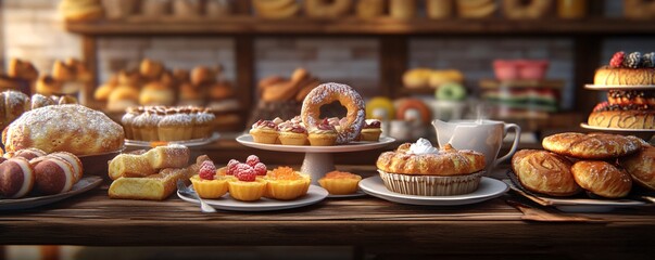 Delicious pastries and cakes filling a bakery display table