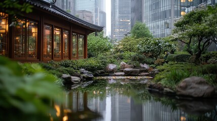 Fototapeta premium A tranquil Asian garden surrounded by skyscrapers in the background