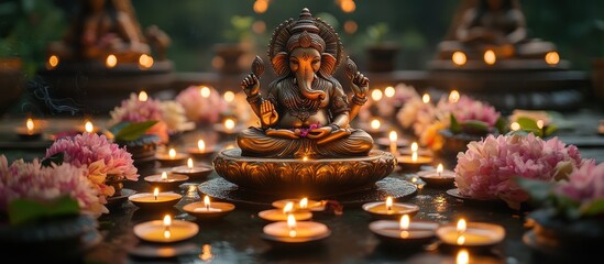 Ganesha statue surrounded by candles and flowers.