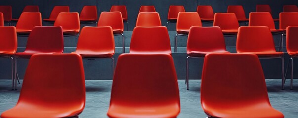 Fototapeta premium Rows of red chairs sitting empty in auditorium awaiting audience