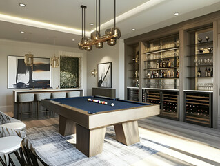 A stylish game room featuring a pool table, bar area, and modern decor.
