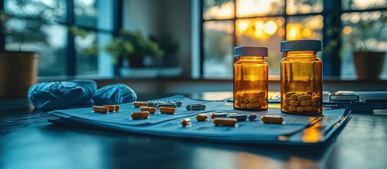 Amber pill bottles and scattered capsules on a medical chart near a window.