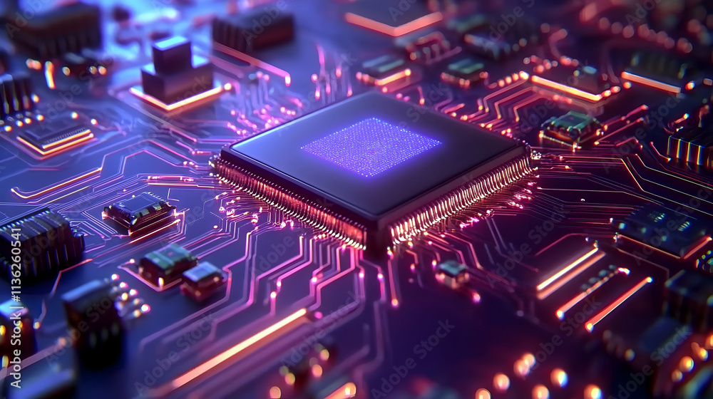 Poster close-up of a glowing computer processor on a circuit board.