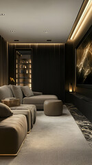 A modern, cozy living room with a sleek design, featuring comfortable seating and ambient lighting.