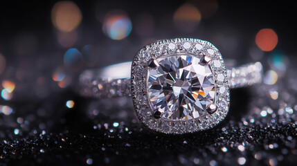 Fototapeta premium sparkling diamond ring with halo setting, showcasing brilliance against black background. intricate details and shine evoke elegance and luxury