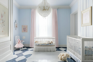 A serene nursery featuring a crib, soft colors, and elegant decor for a child's comfort.