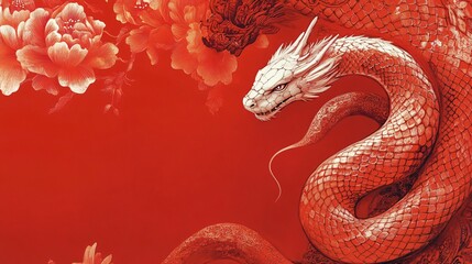 Obraz premium An ornate illustration featuring a majestic serpent on a vibrant crimson background, ideal for Lunar New Year celebrations, especially the Year of the Snake.
