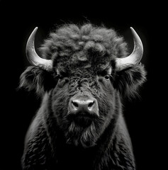 close up portrait of a large bison bull with horns 