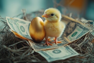 Golden chick emerging from egg amid currency, representing secured financial growth and protected investment returns.