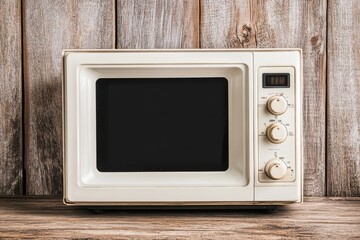 Vintage Microwave Oven on Rustic Wooden Background