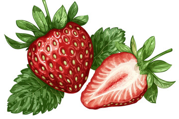 A vibrant red strawberry with green leaves, accompanied by a sliced half revealing its juicy interior.