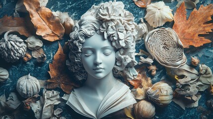White plaster bust resting on open book surrounded by autumn leaves and dried flowers