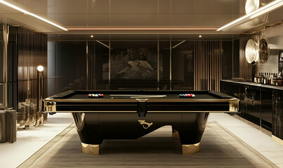 A stylish billiards room featuring a sleek black pool table and modern decor.