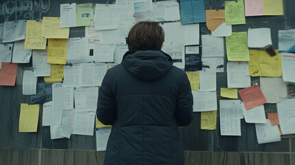 Person standing in front of a job listings board, scanning opportunities with a focused expression. The scene conveys the pursuit of career advancement and the search for meaningful employment.