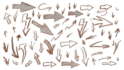 Set of brown grunge arrows drawn in chalk, collection of arrows indicating the direction, various arrows with curls of different shapes for decoration, hand drawn thick marker arrows with scratches