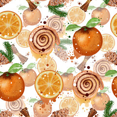 Seamless pattern featuring oranges, cinnamon, fir cones and buns. Watercolour