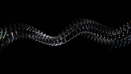 Abstract 3D horizontal trendy swirl snake shape dragon skin reptile scales gasoline metallic chrome gradient social media phone screen format rendered monochrome black glow neon magical wallpaper