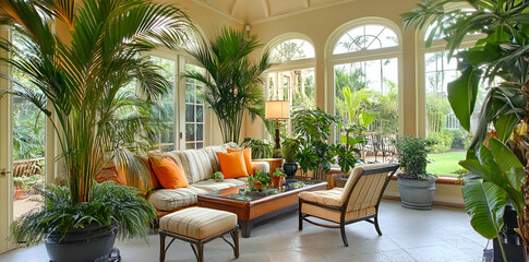 Fototapeta premium A bright sunroom filled with plants and comfortable seating for relaxation and enjoyment.