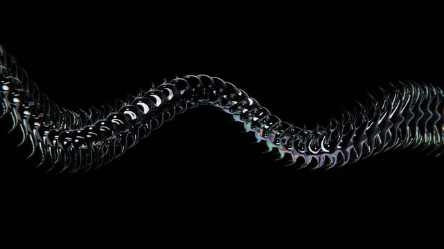 Abstract 3D horizontal trendy swirl snake shape dragon skin reptile scales gasoline metallic chrome gradient social media phone screen format monochrome black neon magical wallpaper loop animation