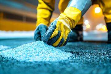 Close-up of gloved hands scattering blue ice melt granules on snowy ground.