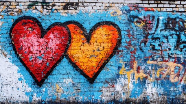 Naklejki Colorful hearts painted on brick wall, showcasing vibrant red and orange hues. This urban art piece adds lively touch to surroundings, expressing love and creativity